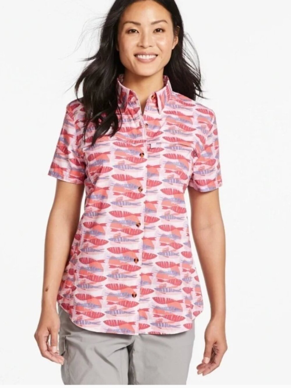 L.L. Bean Women's Fish Print Tropicwear Button Down Top Size M